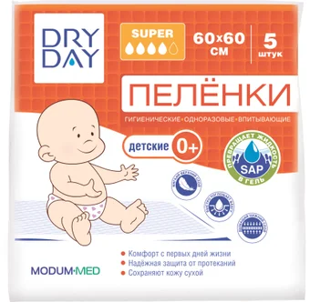 Пеленки гигиенические одноразовые  впитывающие DRY DAY Super детские 0+ 60*60 5шт