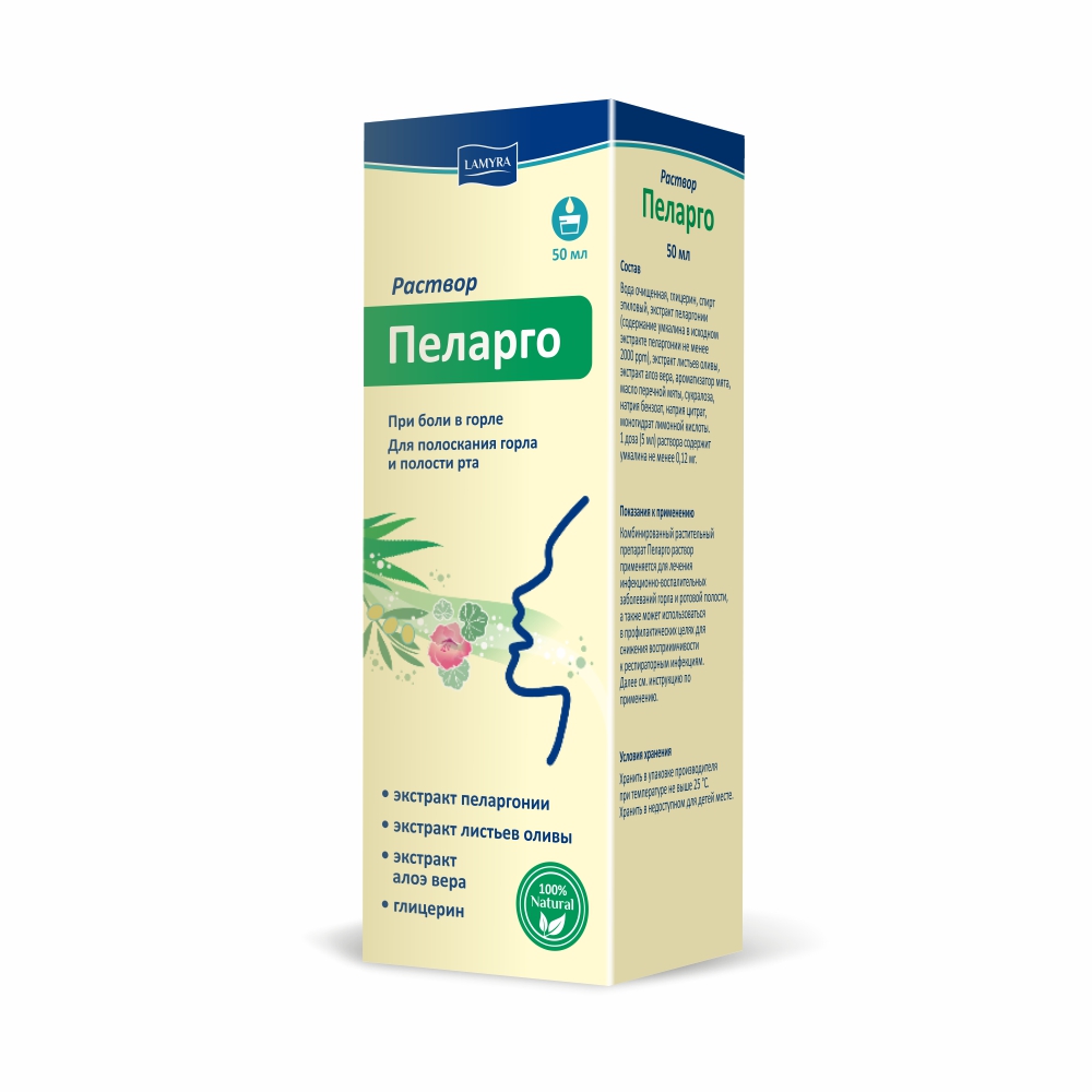 Пеларго раствор средство для полоскания горла и ротовой полости 50мл