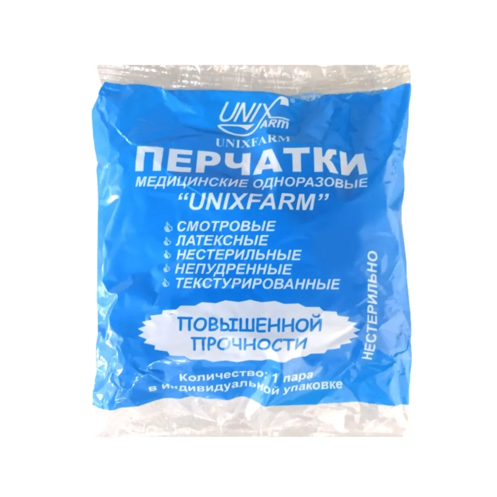 Перчатки UNIXFARM смотровые латексные непудренные н/ст. р. L (повышен.прочности) инд. упаковка №1