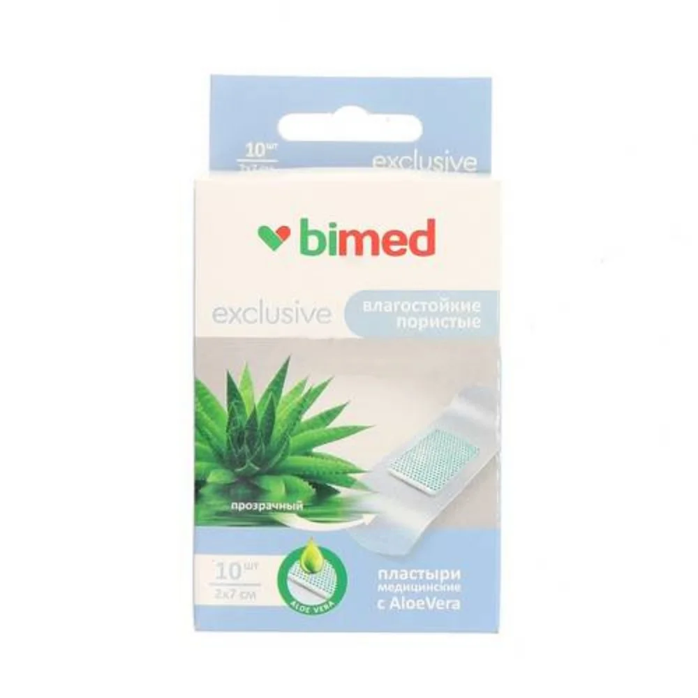 Пластырь Бимед медицинский влагостойкий пористый прозрачный 7см 2см №10 aloe vera