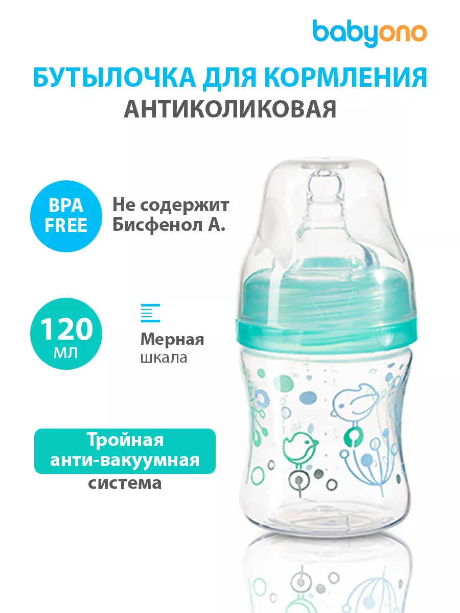 Бутылочка антиколиковая с широким горлышком (бирюза) BabyOno 120мл