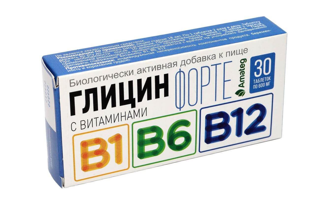 Глицин форте с витаминами В1, В6, В12 таблетки 600мг №30 БАД