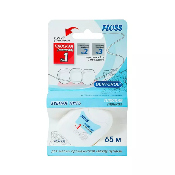 Зубная нить DENTOROL №1 Плоская (тонкая) мята 65м